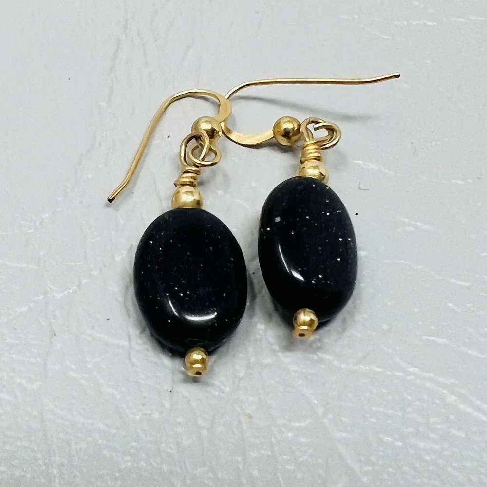 Black Blue Sparkle Pierced Earrings Oval Hook‎ Dangle Drop Minimalist